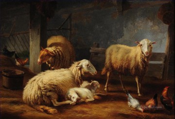 羊飼い Painting - 納屋の羊と鶏
